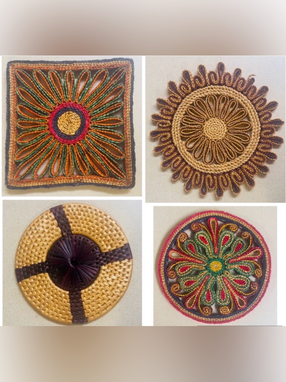 Vintage LOT of 4 Raffia Hot Pads Trivets Square Oval Boho